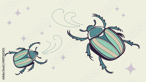 Whimsical Teal Scarab Beetles Flying with Magic Sparkles for Nature Design Projects and Fantasy Web Graphics