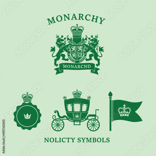 Green monarchy symbols including crest with lions carriage crown and flag coat of arms