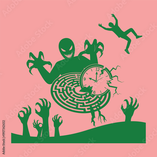 Green monster with sharp claws and teeth holding a maze clock with hands rising from ground and person falling