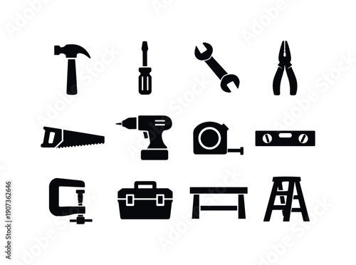 Garage hand tools: hammer, screwdriver, wrench, pliers, hand saw, drill, tape measure, level, clamp, toolbox, workbench, ladder