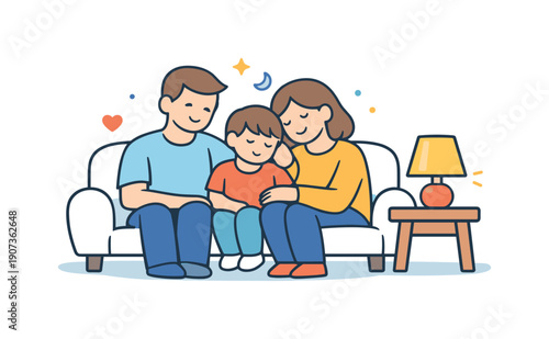 Calm family evening at home centered on rest and emotional closeness after a long day, two adults and a child sitting close together on a sofa near a soft table