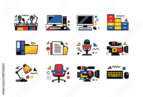 Vector Media Icons. Media operations planning studio operations and equipment assets in abstract flat style: broadcasting desk, desktop computer, monitor