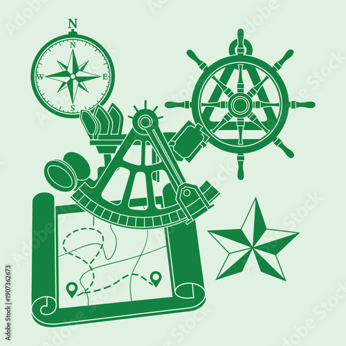Green nautical navigation on light green background compass ship wheel sextant