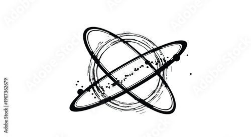 Stylized atom molecule illustration with dynamic hand drawn black lines and splatters on white background for science education and chemistry concepts