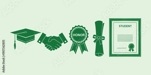 Green of graduation cap handshake honor badge diploma and certificate