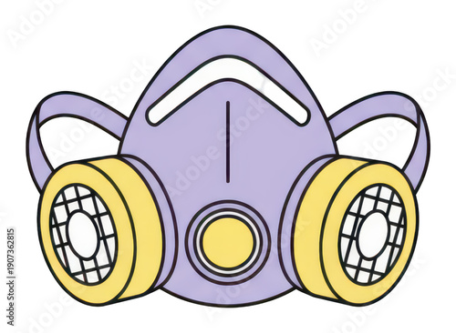 Purple respirator mask with yellow filters, isolated transparent vector illustration
