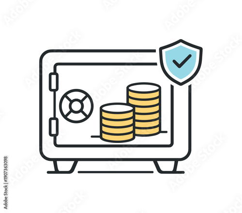 Mindful long-term financial security and saving discipline in everyday personal money management, a closed safe icon containing stacked coins representing