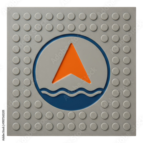 Tactile navigation tile with orange arrow and wave design, isolated, transparent