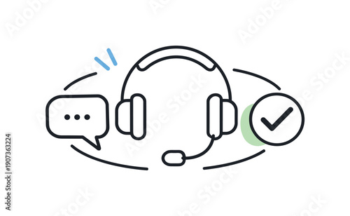 Customer support efficiency and service reliability in a modern digital business context highlighting responsiveness, a headset icon connected to a speech