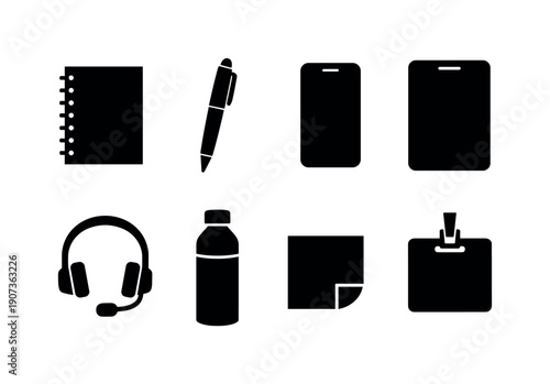Agent support toolkit silhouette style: notebook, pen, smartphone, tablet, headset, water bottle, sticky note, badge holder