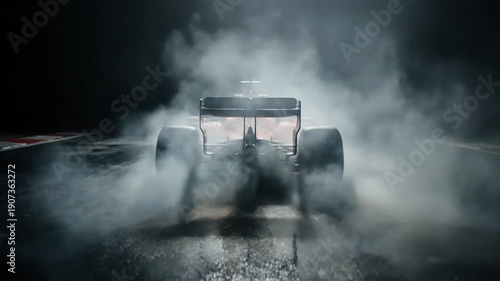 A race car kicks up smoke from its tires on a dark track. Rear view focus