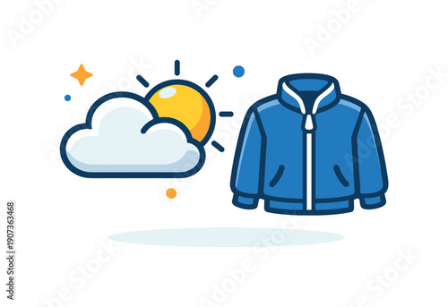 Calm daily habit of checking the weather and dressing comfortably for the day ahead, a cloud and sun icon paired with a simple jacket symbolizing readiness and