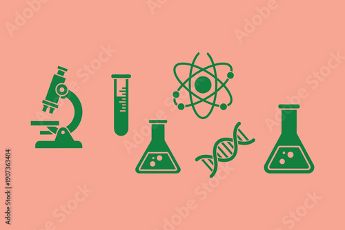 Green science on peach background laboratory microscope test tube atom