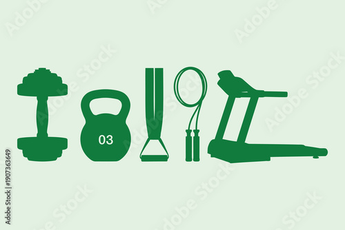 Green silhouette gym equipment including dumbbell kettlebell jump rope and treadmill fitness
