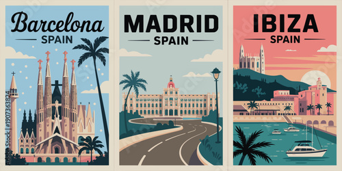 BARCELONA Poster: Cursive Typography Over Madrid Palace with Palm Trees Against Clear Light Blue Sky