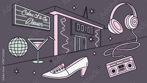 Retro 80s Nightclub Scene with Disco Ball Cocktail Heels and Boombox for Party Promotion or Vintage Event Design