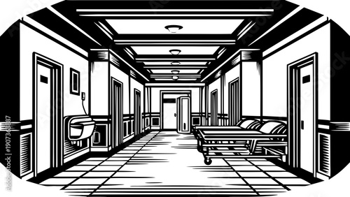 Long hospital hallway illustration with empty patient bed, multiple closed doors, and overhead lighting.