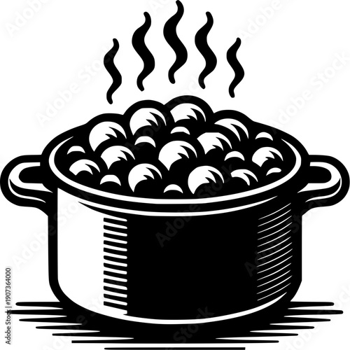 Hot Stew in Pot: A rustic illustration showcases a steaming pot overflowing with a savory stew, perfect for culinary projects or cooking blogs.