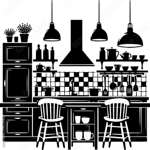 Kitchen interior decor illustration: A minimalist kitchen interior with a well-organized layout featuring essential elements: cabinets, shelves, a stove, a sink, and pendant lights.