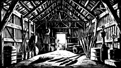 Rustic barn interior tools with wooden beams, hay on floor. Dark barn interior tools present farm implements, barrels, shadows from light. Graphic barn interior tools for vintage themes, rural design.