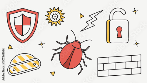 Cyber Security Defense Icons Shield Bug Lock Firewall Protection for Antivirus Software Web Design Projects