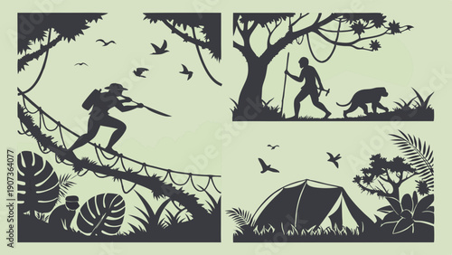 Jungle Adventure Silhouettes Explorer Camping Trekking Wildlife Safari Expedition for Travel Web Design Banners
