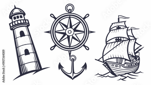 Nautical Vintage Tattoo Set Lighthouse Ship Wheel Anchor Icons for Travel Adventure Branding Design Projects