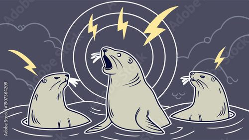 Loud Sea Lions Roaring Underwater Sound Waves Communication Stormy Weather Wildlife Design Element for Audio or Alert Themes