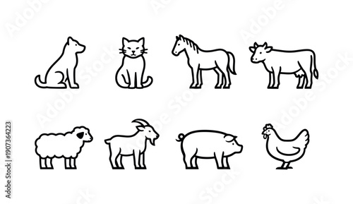 Domestic animal subjects in linear style: dog, cat, horse, cow, sheep, goat, pig, chicken
