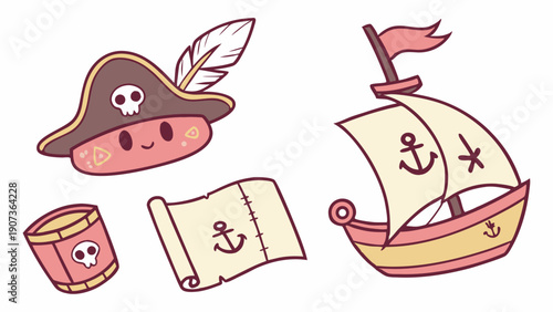Cute Kawaii Pirate Treasure Map Ship Hat Barrel Icons for Kids Game Design Adventure App UI Elements