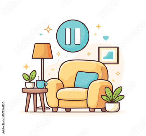 Everyday emotional comfort through a short pause to rest quietly in a cozy home environment, a soft armchair paired with a pause symbol representing slowing