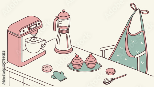 Pink Kitchen Baking Scene with Mixer Cupcakes and Apron for Home Cooking Blog or Cafe Promotion