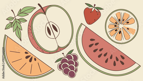Vibrant Fruit Slices Apple Watermelon Grapes for Healthy Eating Recipe Design Summer Cafe Menus