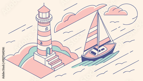 Isometric Lighthouse Guiding Sailboat Through Coastal Waves for Travel Web Design or Nautical Adventure Illustration