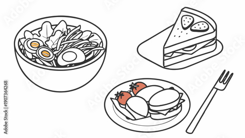 Delicious Lunch Options Line Art Icons for Cafe Menu Design Healthy Food Choices for Website Graphics