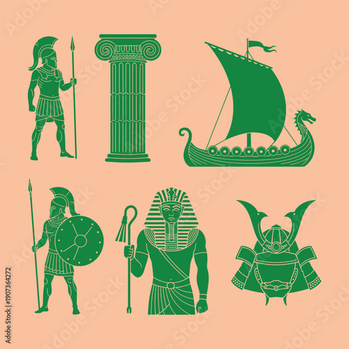 Green silhouettes of ancient civilization symbols