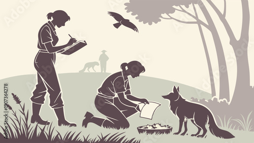 Wildlife Biologists Researching Fox in Nature Setting for Ecology Study or Conservation Project Illustration