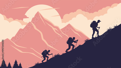 Silhouettes of Hikers Climbing Steep Mountain Slope at Sunrise for Adventure Travel Web Design and Personal Growth Achievement