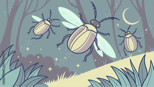 Three Glowing Fireflies Flying at Night in Enchanted Forest Meadow for Summer Nature Illustration or Children's Book Design