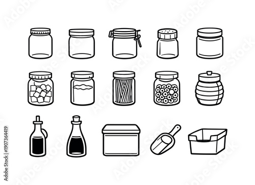Home kitchen food storage jars: glass jar, airtight jar, clamp jar, spice jar, sugar jar, flour jar, pasta jar, cereal jar, honey jar, oil bottle, vinegar