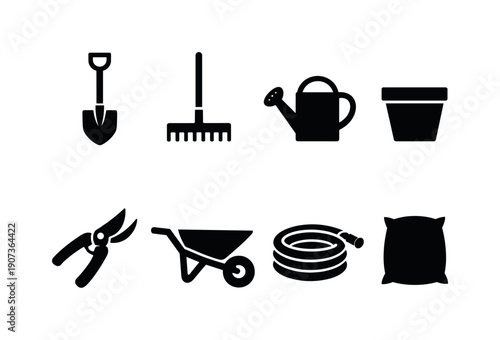 Outdoor garden basics: shovel, rake, watering can, plant pot, pruning shear, wheelbarrow, garden hose, soil bag