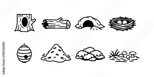 Forest Habitat Icons. Forest wildlife habitats in linear style: tree hollow, fallen log, burrow hole, bird nest, beehive, anthill mound, moss patch, forest