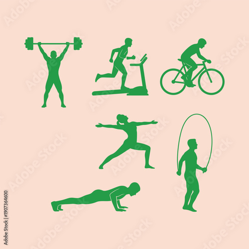 Green silhouettes of people exercising with weights bike and jump rope fitness exercise workout