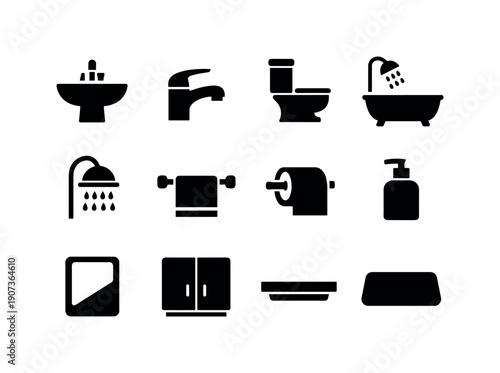 Home bathroom fixtures: sink, faucet, toilet, bathtub, shower head, towel rack, toilet paper holder, soap dispenser, mirror, cabinet, shelf, bath mat