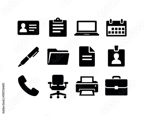 Membership Administration in silhouette style: ID card, clipboard, laptop, calendar, pen, folder, document, badge, telephone, office chair, printer, briefcase