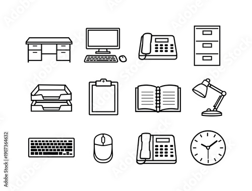 Workforce service platform administration workspace in linear style: office desk, desktop computer, monitor stand, keyboard, mouse, desk phone, filing cabinet