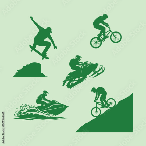 Green silhouettes of people performing extreme sports on various vehicles skateboard