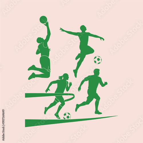 Green silhouettes of people playing soccer and volleyball sports