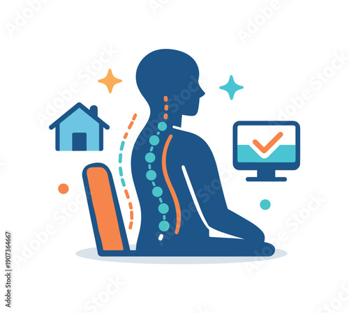 Posture Alignment Illustration. Everyday back care and posture support during normal daily activities at home or work, a back silhouette paired with gentle