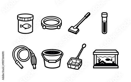 Home fish care supplies: fish food container, feeding ring, algae scraper, water test vial, siphon hose, bucket, fish net, quarantine tank